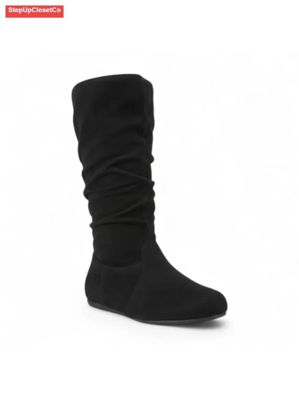 Women's Slouchy Mid-Calf Pull-On Boots with Side Zip Low Heel Winter Shoes